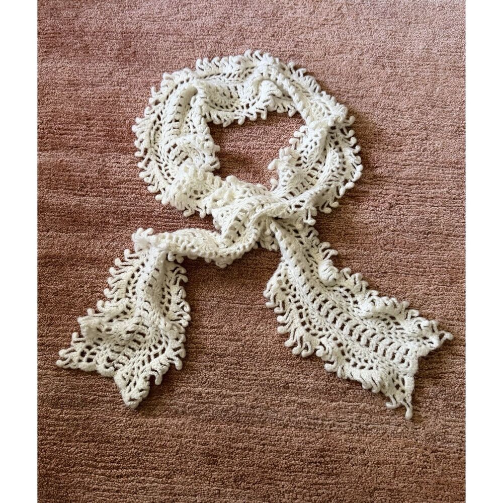 Cream Crochet Knit Scarf Boho Textured Fringe Wrap 70x6
